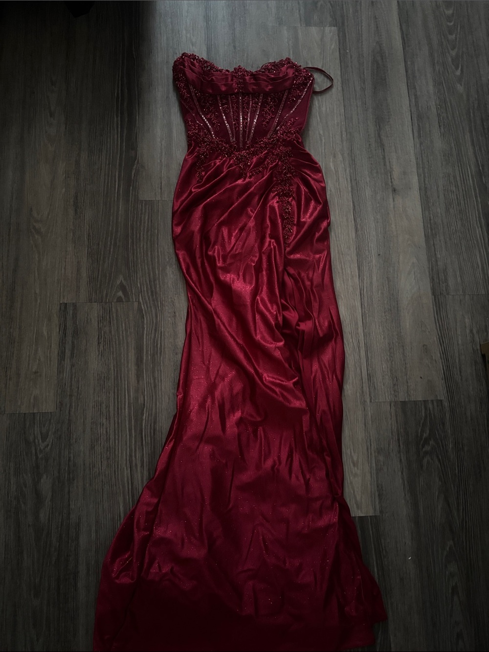 Strapless Burgundy Beaded Prom Gown